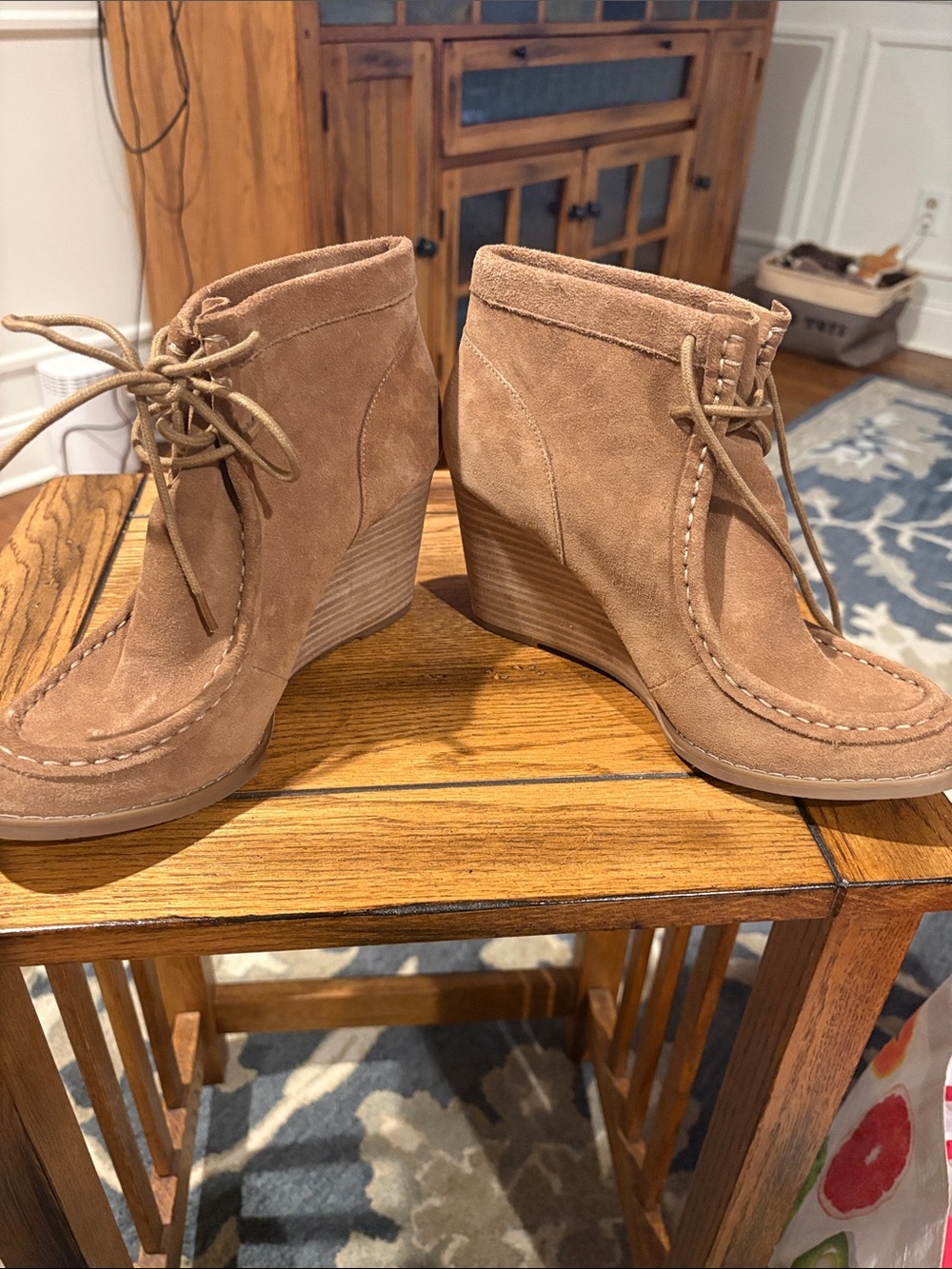 Lucky Brand Tan Suede Lace-Up Wedge Ankle Boots